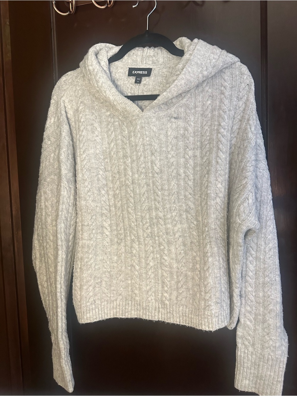 Express Gray Cable-Knit Hooded Pullover Sweater